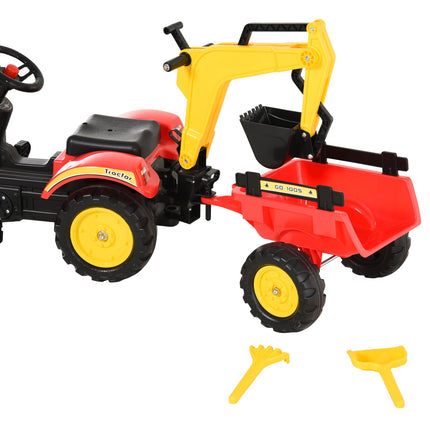 Dětský šlapací traktor s vlečkou a čelním nakladačem, červená