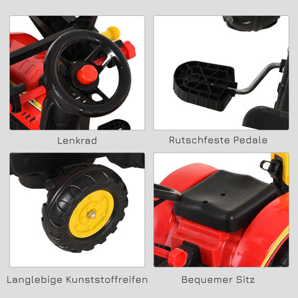 Dětský šlapací traktor s vlečkou a čelním nakladačem, červená