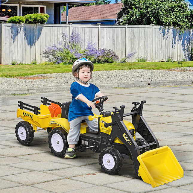 Šlapací traktor s vlečkou pro děti 3+ s lopatou, žlutý