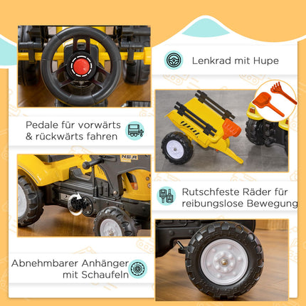 Šlapací traktor s vlečkou pro děti 3+ s lopatou, žlutý