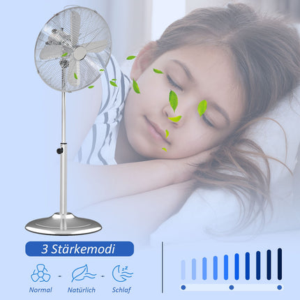 Stojanový ventilátor — nastavitelná výška, 3 rychlosti, stříbrná