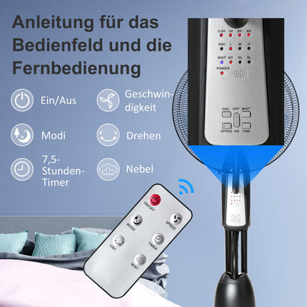 Stojanový ventilátor s mlžením, časovač, nastavitelný úhel, 3 polohy