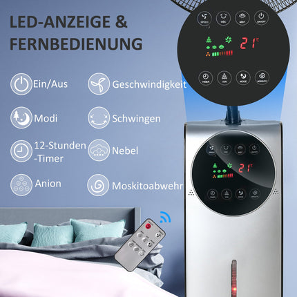 Stojanový ventilátor s mlžením 90W, 3 režimy proudění, dálkové ovládání, černá