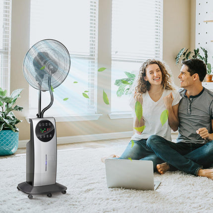 Stojanový ventilátor s mlžením 90W, 3 režimy proudění, dálkové ovládání, černá