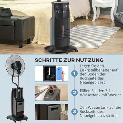 Stojanový ventilátor s mlžením, nastavitelný náklon, nádržka na vodu 3.1L
