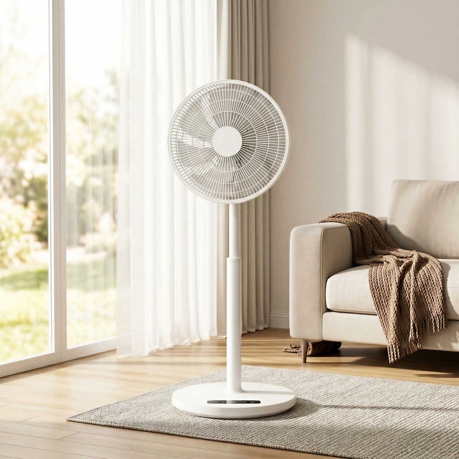 Stojanový ventilátor s dálkovým ovládáním, 12 rychlostí, nastavitelná výška, bílá