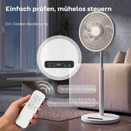 Stojanový ventilátor s dálkovým ovládáním, 12 rychlostí, nastavitelná výška, bílá