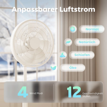 Stojanový ventilátor s dálkovým ovládáním, 12 rychlostí, nastavitelná výška, bílá