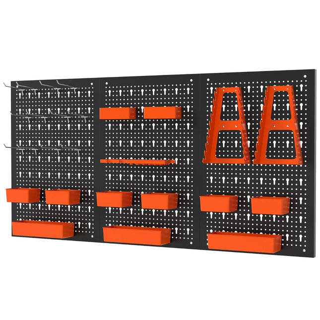 Děrovaný panel s 9 úložnými boxy a háčky