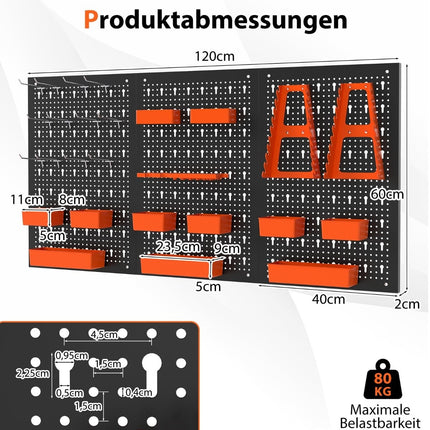 Děrovaný panel s 9 úložnými boxy a háčky