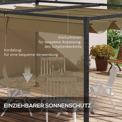 Pergola 4x3m ocelová, nastavitelná střecha, ochrana proti slunci khaki