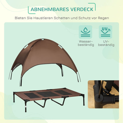 Elevated outdoor dog bed with canopy, breathable fabric