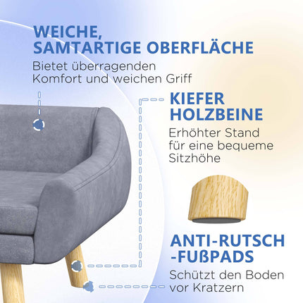Pet Sofa in Grey Velvet, Removable Cushion, 102 x 58.5 x 42.5 cm