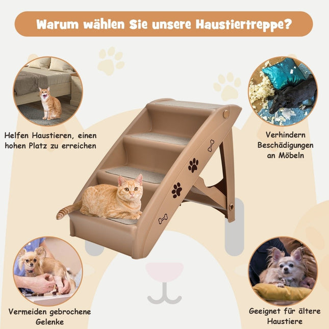 Schůdky pro mazlíčky se 4 stupni přenosný žebřík bezpečná rampa pro psy 62.5 x 38 x 49cm hnědá