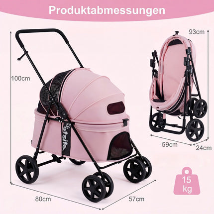 Pet Stroller for Small Dogs, Foldable with Canopy - Pink