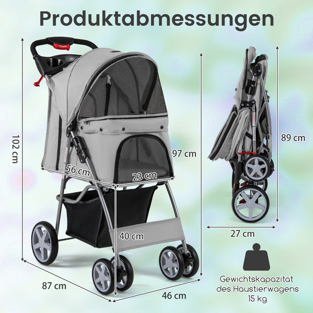 Kočárek pro mazlíčky se síťovými okny a držákem na nápoje, šedý, nosnost 15kg