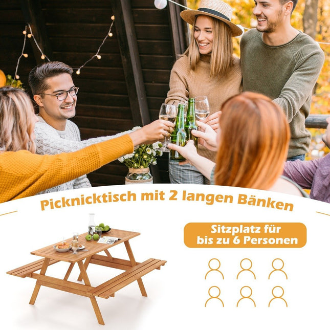 Piknikový stůl pro 6 osob, obdélníkový zahradní stůl se 2 integrovanými lavicemi a otvorem pro slunečník 150 x 139 x 75 cm přírodní