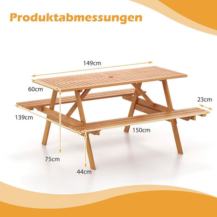 Piknikový stůl pro 6 osob, obdélníkový zahradní stůl se 2 integrovanými lavicemi a otvorem pro slunečník 150 x 139 x 75 cm přírodní