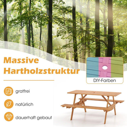 Piknikový stůl pro 6 osob, obdélníkový zahradní stůl se 2 integrovanými lavicemi a otvorem pro slunečník 150 x 139 x 75 cm přírodní