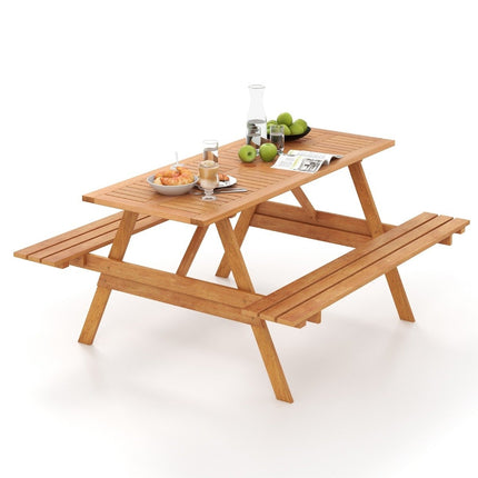 Piknikový stůl pro 6 osob, obdélníkový zahradní stůl se 2 integrovanými lavicemi a otvorem pro slunečník 150 x 139 x 75 cm přírodní