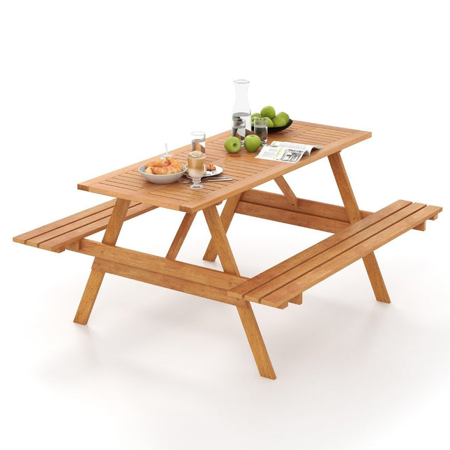Piknikový stůl pro 6 osob, obdélníkový zahradní stůl se 2 integrovanými lavicemi a otvorem pro slunečník 150 x 139 x 75 cm přírodní