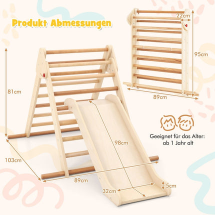 Pikler triangle set folding climbing triangle with slide and bars made of solid natural beech wood