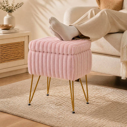 Pink Faux Fur Vanity Stool with Storage and Reversible Lid