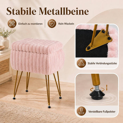 Pink Faux Fur Vanity Stool with Storage and Reversible Lid