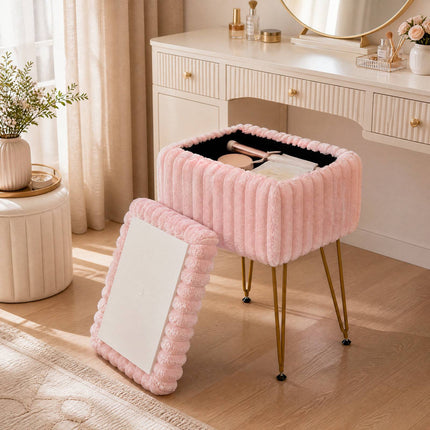 Pink Faux Fur Vanity Stool with Storage and Reversible Lid