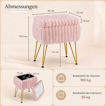 Pink Faux Fur Vanity Stool with Storage and Reversible Lid