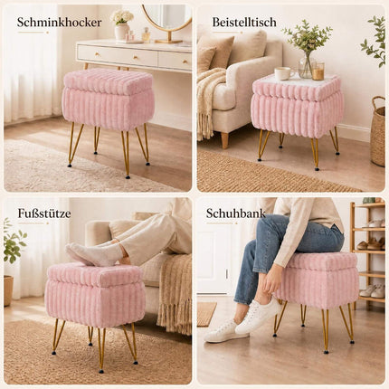 Pink Faux Fur Vanity Stool with Storage and Reversible Lid