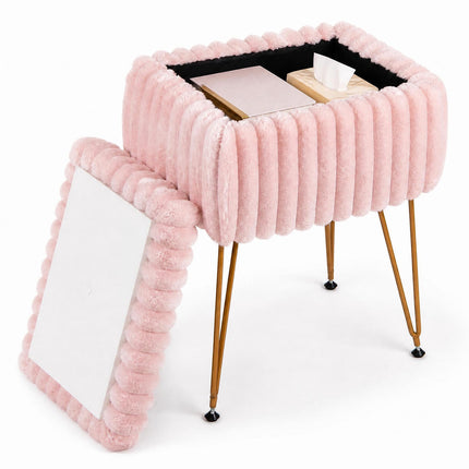 Pink Faux Fur Vanity Stool with Storage and Reversible Lid
