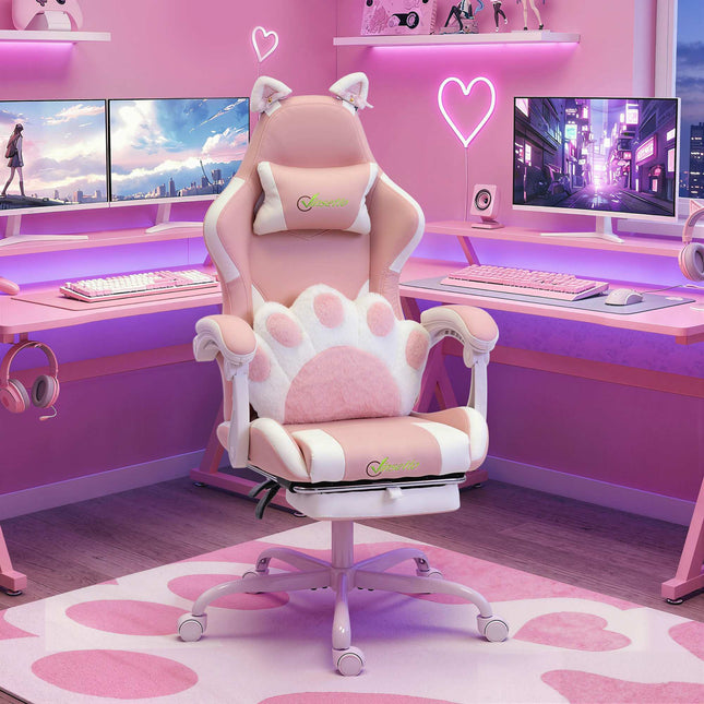 Roze gamingstoel met kattenoortjes en lendensteun