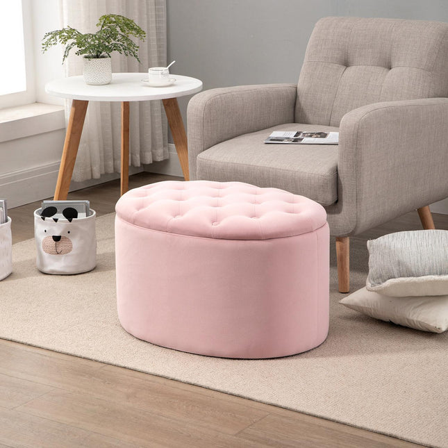 Oválná čalouněná lavice s úložným prostorem – sametový hladký polyester, růžová