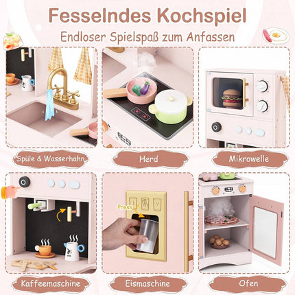 Pink Wooden Play Kitchen Set with Microwave & Coffee Maker
