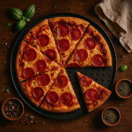 Sada plechů na pizzu se stojanem – nepřilnavé, perforované