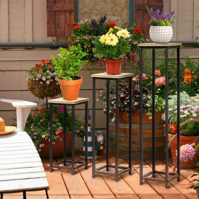 Plant stand set in steel - 3-piece flower pot holder, black & natural
