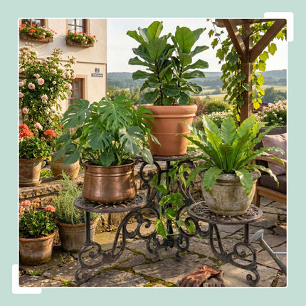 Stojan na květiny, patrový litinový, vintage hnědá