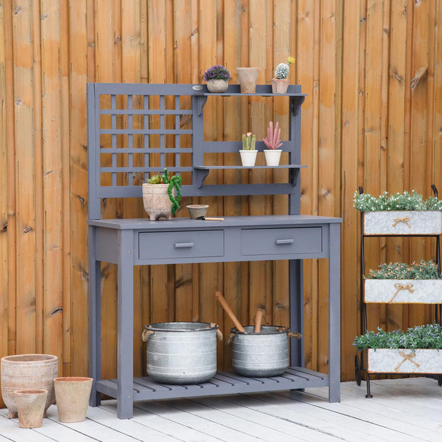 Plantentafel Tuintafel Van Hout Met 2 Lades Planken Gaaswand Houten Plantentafel Voor Tuinterras Grijs 105 X 42 X 141,5 Cm