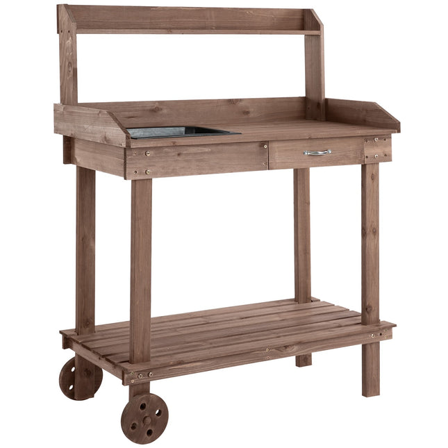 Plantentafel Met Lade 2 Treden Tuintafel Met Spoelbak En Wielen Tuin Dennenhout Bruin 92 X 45 X 119 Cm