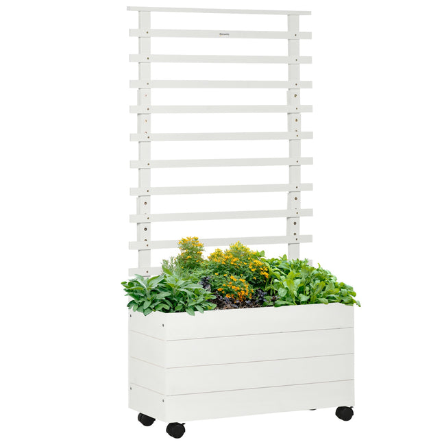 Plantenbak met traliewerk, bloembak met wielen, verhoogd bed voor klimplanten, natuurlijk hout, wit, 76 x 30 x 155 cm voor tuin