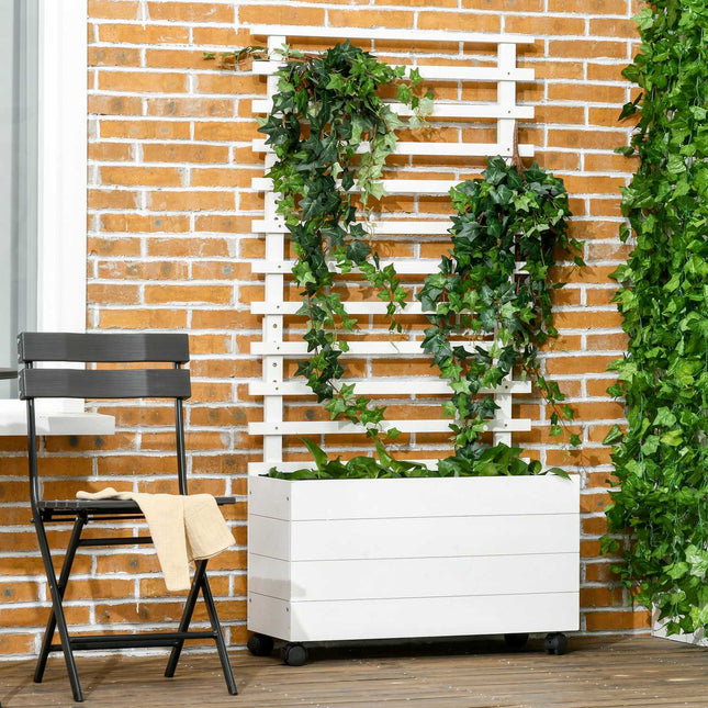 Plantenbak met traliewerk, bloembak met wielen, verhoogd bed voor klimplanten, natuurlijk hout, wit, 76 x 30 x 155 cm voor tuin