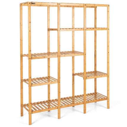 Regál na květiny, bambusový stojanový regál s 5 patry, květinové schody, stojan na květiny se závěsným rámem 114 x 31 x 141 cm přírodní