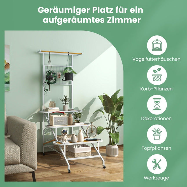Plantenstandaard met trellis metalen bloementrap op wielen multifunctionele plank 80 x 85 x 175 cm wit