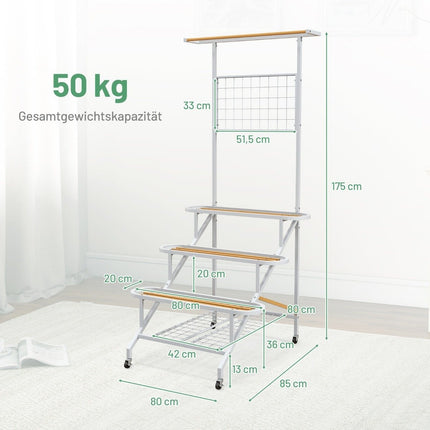 Plant stand with trellis metal flower stairs on wheels multi-purpose shelf 80 x 85 x 175 cm white