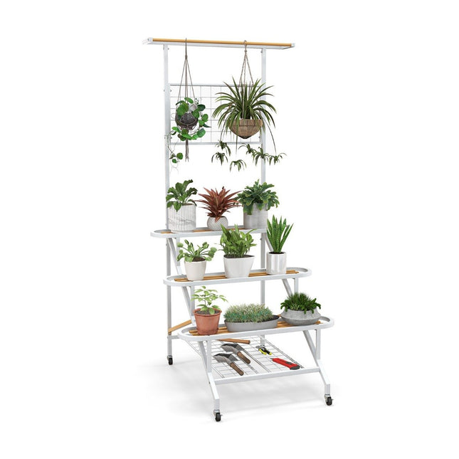 Plantenstandaard met trellis metalen bloementrap op wielen multifunctionele plank 80 x 85 x 175 cm wit