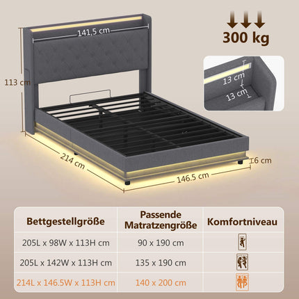 Rám postele 140x200 cm s úložným prostorem a LED osvětlením