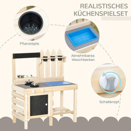 Dřevěná dětská kuchyňka s hrnci a nástroji z nerezové oceli