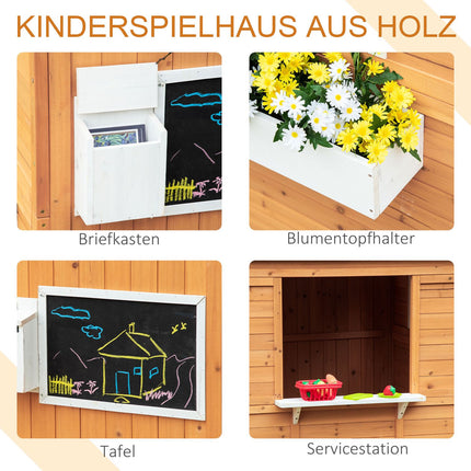 Wooden outdoor playhouse for children with window and mailbox