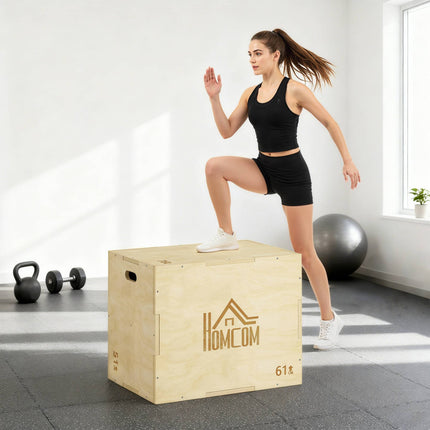 Plyo box 3v1, přírodní dřevo, 51/61/76 cm, nosnost 120 kg